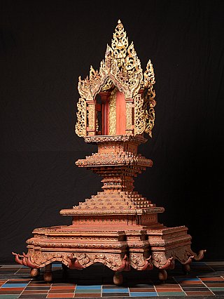 Wooden Burmese Buddha throne, Shan style, three-quarter view with shrine opening
