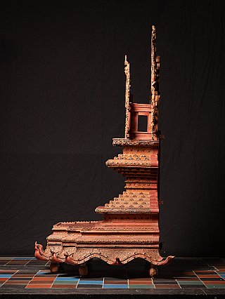 Wooden Burmese Buddha throne, side profile showing the stepped base and shrine