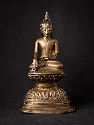 Burmese bronze Buddha statue seated in bhumisparsha mudra on lotus base, full front