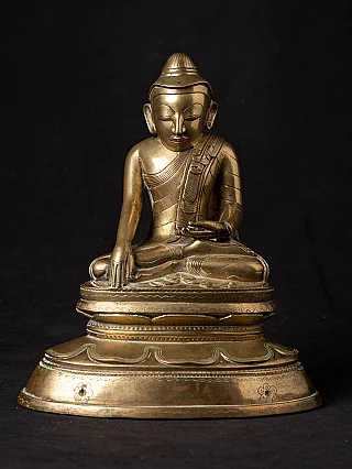 Buddha statue in bronze from Burma (Myanmar), seated on lotus base in bhumisparsha mudra, front view