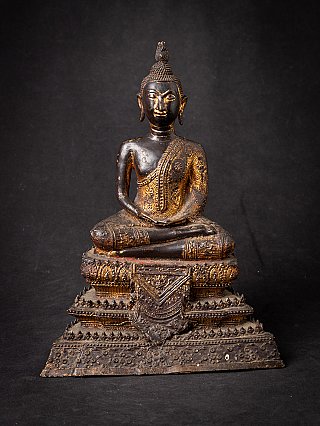 Thai bronze Buddha statue seated in Dhyana mudra on ornate tiered base, full front