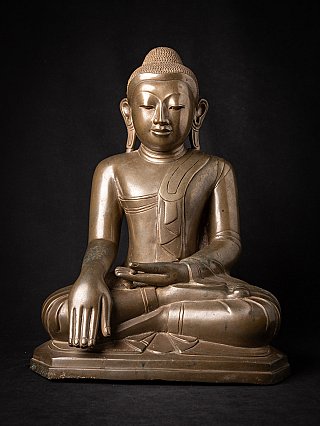 Burmese bronze Buddha statue seated in bhumisparsha mudra, full front view