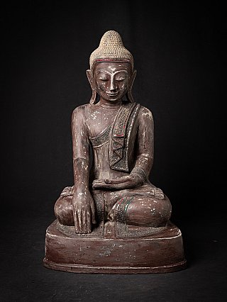 Burmese lacquerware Buddha statue seated in bhumisparsha mudra, full front view