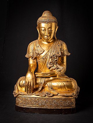 Burmese Mandalay Buddha statue in wood, seated in bhumisparsha mudra, full front view