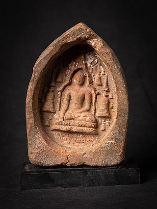 Burmese Bagan votive tablet showing a seated Buddha in a niche, full front view