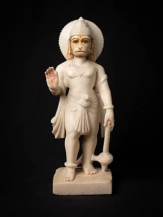 Hanuman statue in marble from India, standing full front with raised right hand