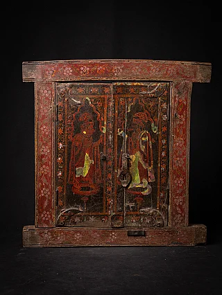 Antique Indian painted wooden panel with double doors and two standing figures, front view