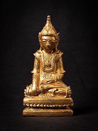 Burmese Shan Buddha statue in wood, seated with bhumisparsha mudra, full front view