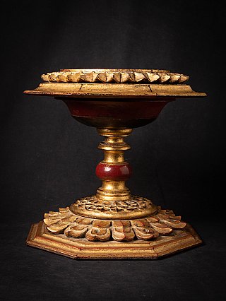 Gilded wooden Buddha stand from Myanmar with red waist band, side view
