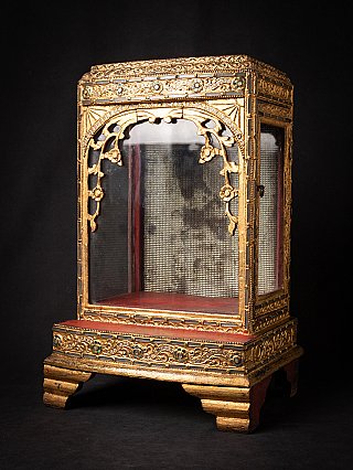 Burmese wooden Buddha temple shrine, three-quarter left view with gilded ornament