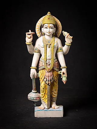 Vishnu marble statue from India, full front view with four arms and crown