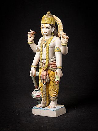 Vishnu-Statue aus Marmor, Dreiviertelansicht mit Krone, Heiligenschein und Attributen