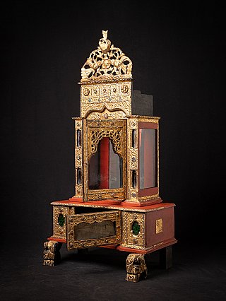Wooden Burmese shrine, three-quarter view with the front drawer pulled out