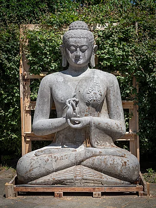 Large Indonesian lavastone Buddha statue seated in dharmachakra mudra, full front view