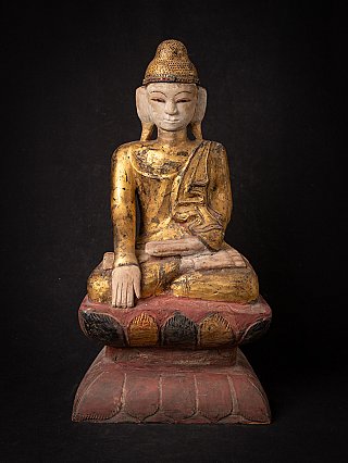 Burmese Shan Buddha statue in wood, seated in bhumisparsha mudra, full-front view