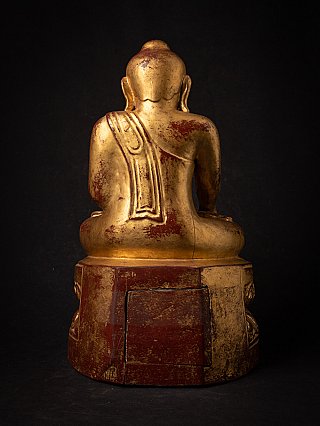 Burmesische Holz-Buddha-Statue, vergoldet, Rückansicht mit Gewandfalten und Sockelplatte