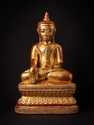 Antike hölzerne Buddha-Statue aus Burma, sitzend in Bhūmisparśa-Mudrā, Frontalansicht