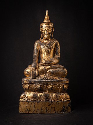 Burmese Shan Buddha statue in wood, seated in bhumisparsha mudra, full front view