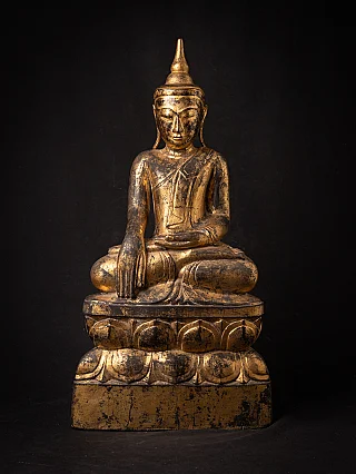 Burmese Shan Buddha statue in wood, seated in bhumisparsha mudra, full front view