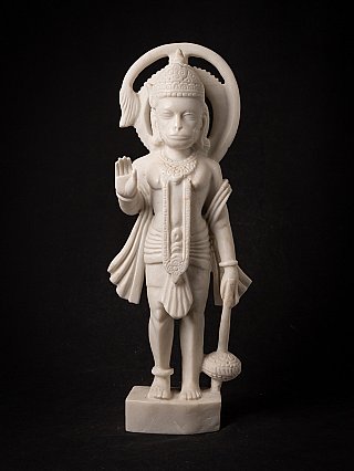 White marble Hanuman statue from India, standing front view with raised hand and mace