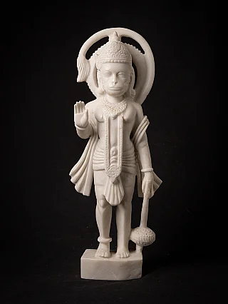 White marble Hanuman statue from India, standing front view with raised hand and mace