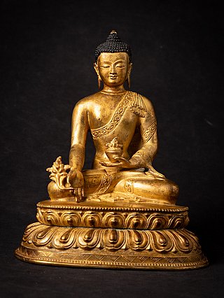 Nepalesische Medizin-Buddha-Statue aus Bronze, sitzend auf Lotussockel, Frontalansicht