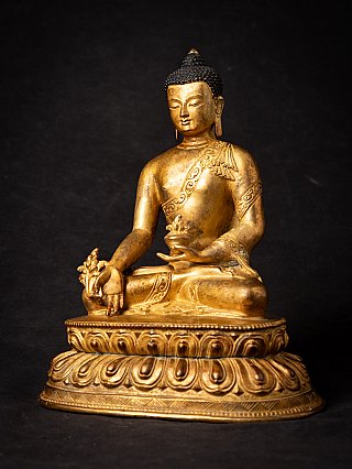 Medizin-Buddha-Statue aus Nepal in Bronze auf Lotussockel, Dreiviertelansicht rechts