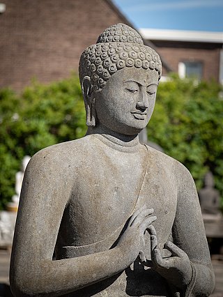 Upper-body detail of the lavastone Buddha, showing face and Dharmachakra mudra