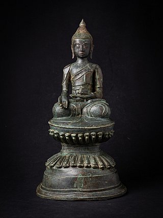 Bronze Burmese Buddha statue in Shan style, seated on a tall lotus base, full-front view
