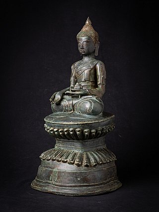 Burmese bronze Buddha statue, Shan style, three-quarter view showing the lotus base