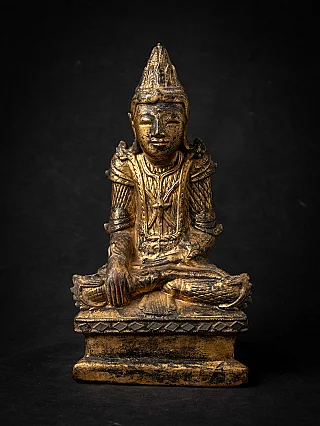 Antique wooden Shan Buddha statue from Burma, seated on a pedestal, full front view