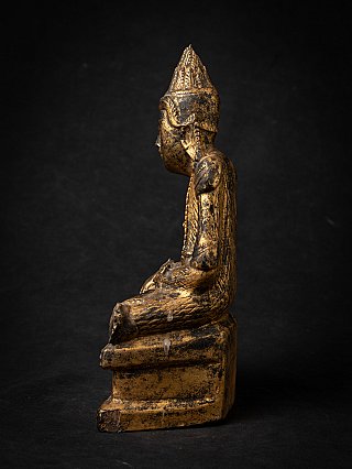 Antike Shan-Buddha-Statue aus Holz, sitzend, linke Seitenansicht