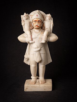 Hanuman statue in Indian marble, standing front view with two figures on the shoulders