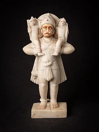 Hanuman statue in Indian marble, standing front view with two figures on the shoulders
