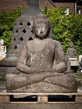 Grote Indonesische lavastenen Boeddha, zittend in dhyana mudra, frontaal op pallet