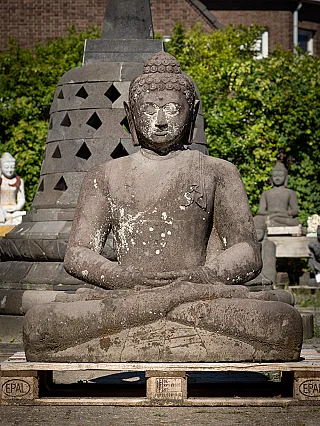 Large Indonesian lavastone Buddha statue seated in dhyana mudra, full front view