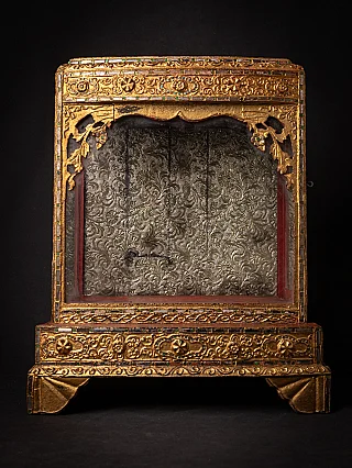 Antique wooden Burmese temple shrine with gilded front and embossed silver-toned back panel