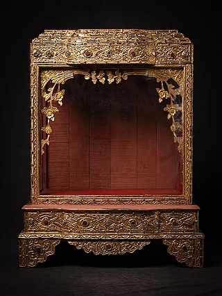 Wooden temple shrine from Burma (Myanmar), full front view with gilded decoration and glass panel