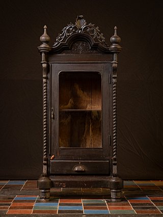 Antique wooden temple cabinet from Burma (Myanmar) with glass door, full front view