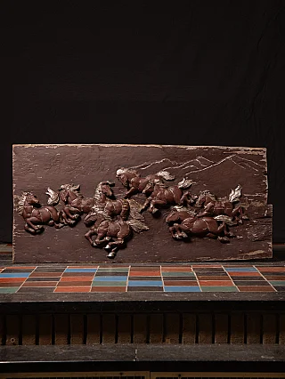 Antique wooden Panel with horses in Feng Shui style