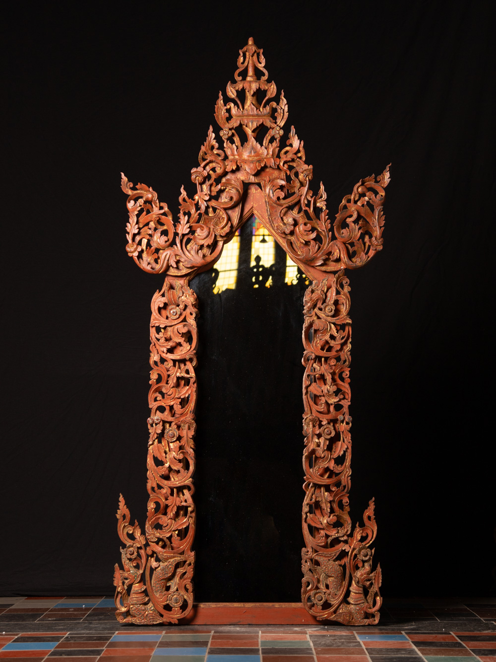 Large antique Burmese mirror in wooden frame from Burma (Myanmar)