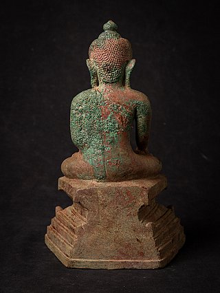 Antike Ava-Buddha-Statue aus Bronze, Rückansicht mit grüner Patina am Rücken