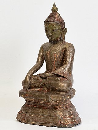 Bronze Buddha statue from Burma in Ava style, seated, three-quarter left view