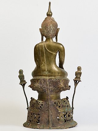 Myanmar bronze Ava Buddha statue with disciples, seated, rear view