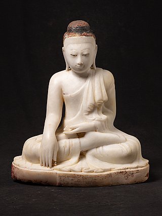 Marble Buddha statue from Burma seated in bhumisparsha mudra, full front view with base inscription