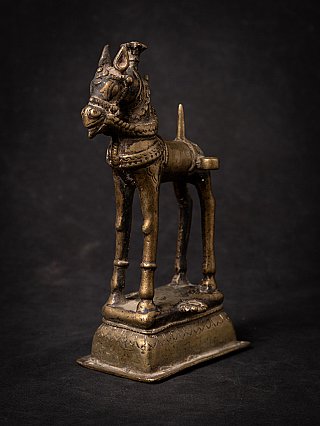 Antique Indian bronze horse statue on base, three-quarter front view