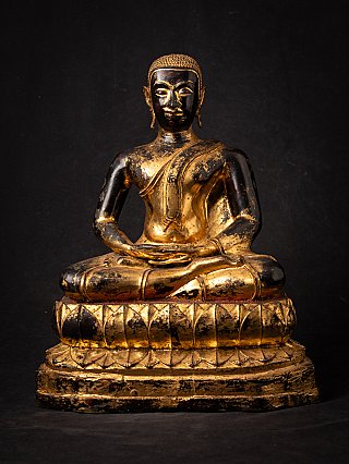 Thai bronze monk statue seated in dhyana mudra on lotus base, full front view