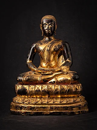 Thai bronze monk statue seated in dhyana mudra on lotus base, full front view