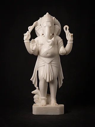 Marble Ganesha statue from India, standing full-front on a rectangular base