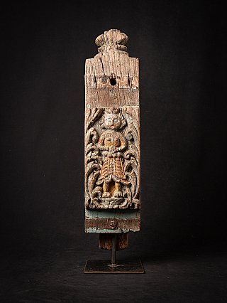 Antique Indian wooden temple panel with standing relief figure, full front view